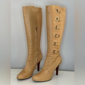 Versace Y2K Vintage Medusa Beige Leather Knee High Boots Fall 2005 39.5